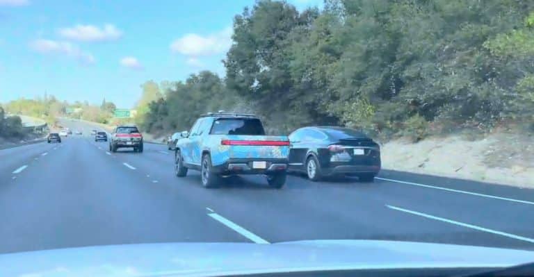 Rivian R1T looks surprisingly large beside Tesla Model X in real-world sighting