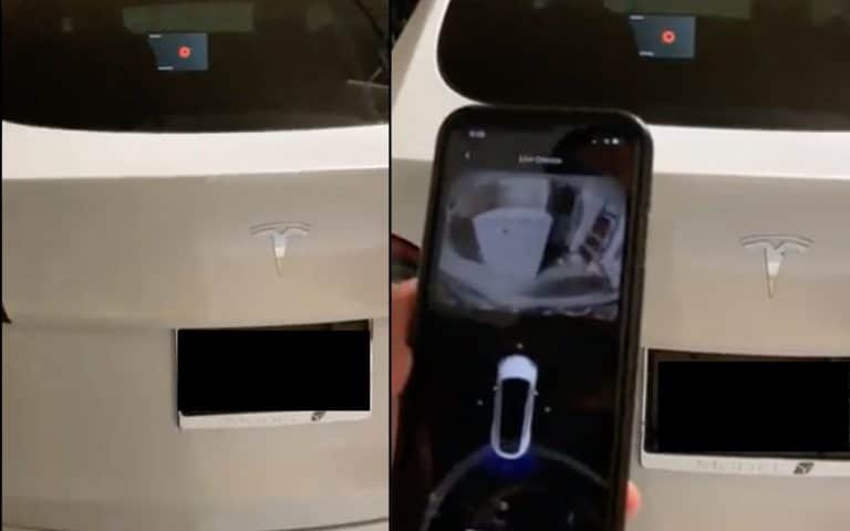 Closer look at Tesla Sentry Mode remote live view with voice broadcast in action