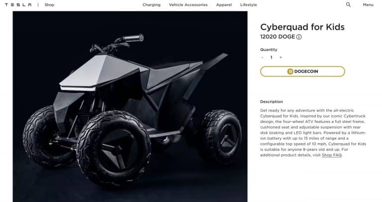 Tesla launches Dogecoin payments for Cyberquad for kids, Giga Texas Belt Buckle & Cyberwhistle