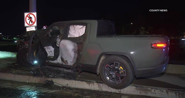 Rivian R1T crashes into pole, fire ensues but driver escapes unharmed