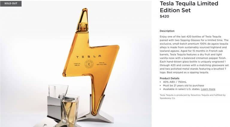 Tesla Tequila limited edition bottle, glass set sold out lightning fast