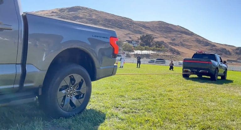 Rivian R1T shocks Ford F-150 Lightning in tug-of-war match