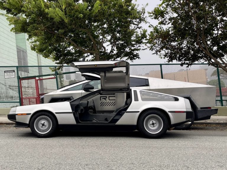 Tesla Cybertruck pictured next to DeLorean DMC-12