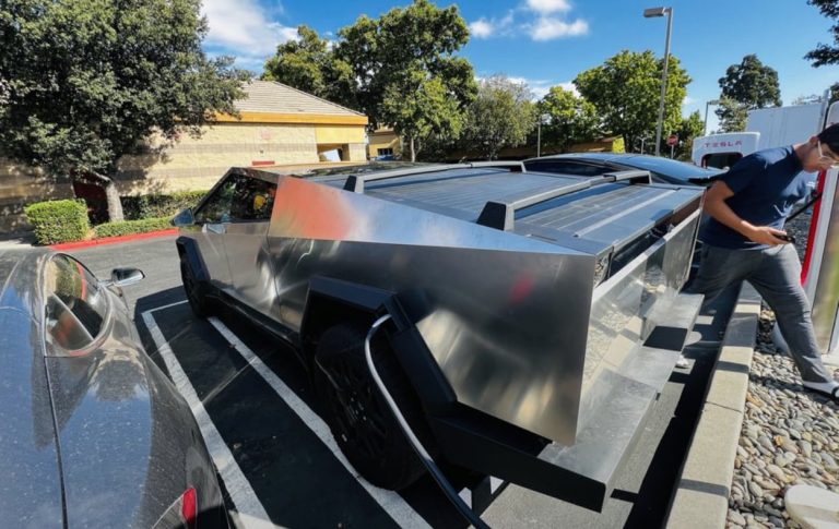 Tesla Cybertruck with Cargo Racks Spotted at Supercharger Station