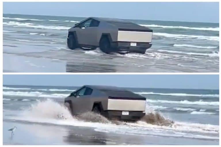 Tesla Cybertruck Takes to the Beach and Plows Through Ocean Water