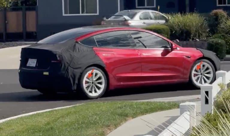 Apparent Tesla Model 3 Highland Performance with red brake calipers spotted in the wild
