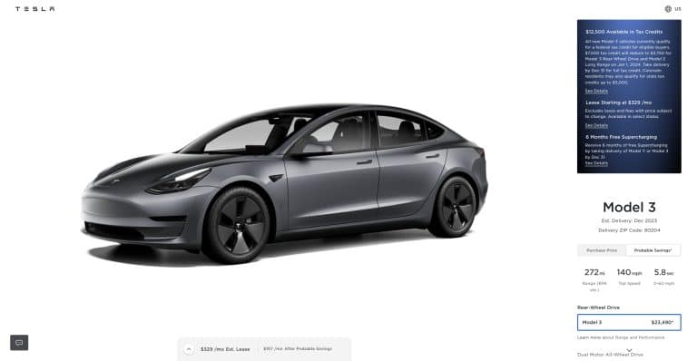 Tax Credits for Tesla Model 3 RWD and Long Range Trim Decreased for 2024