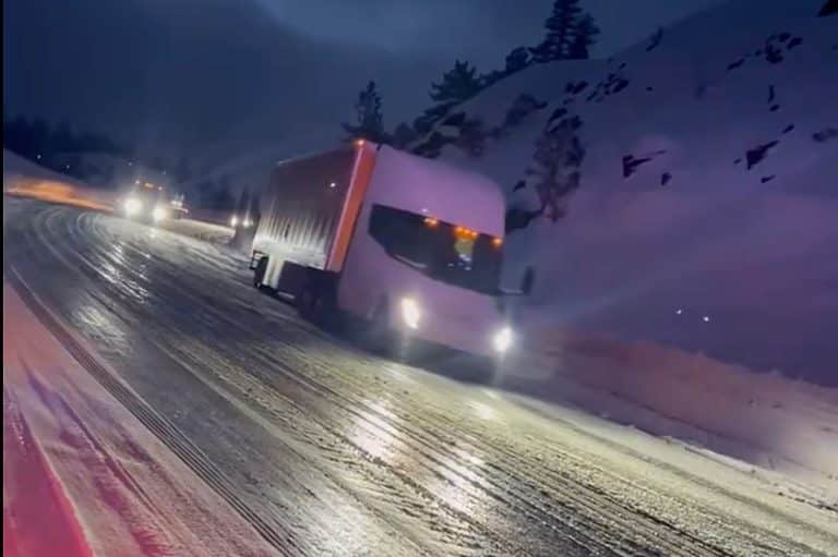 Witness a Tesla Semi Navigating Cautiously Down an Icy Hill